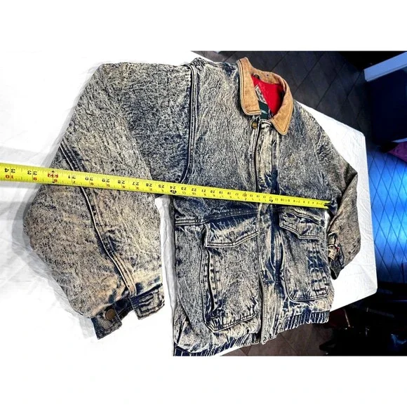 VTG Hill & Archer Trucker Jacket Acid Wash Denim Leather Collar‎ Mens XL Zip